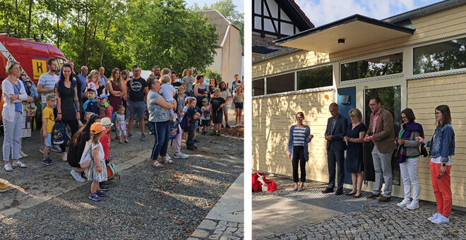 Landrat Ralf Hänsel, Einrichtungsleiterin Frau Sina Klut,  Bürgermeister Falk Hentschel und Staatssekretärin Barbara Meyer beim Durchschneiden des Bandes. (v.l.)