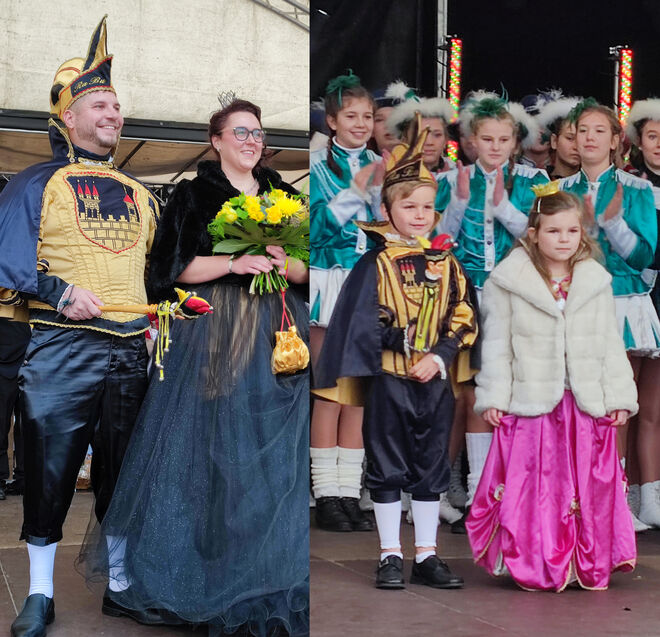 Die Prinzenpaare der 65. Saison: Ihre Lieblichkeit Prinzessin Nadine I. mit Prinz André III. an ihrer Seite sowie die Kinder, Ihre Lieblichkeit Prinzessin Sophie I. mit Prinz Matheo I. an Ihrer Seite.