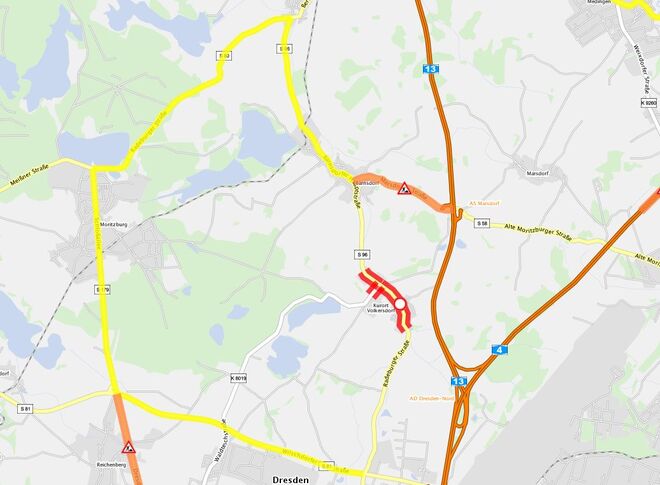 Volksperrung (rot), V`Baustelle (orange) Umleitung (gelb