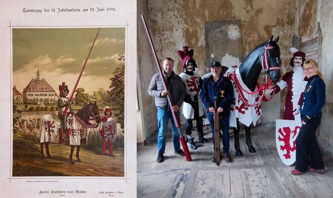 Die Figurengruppe und ihre Akteure v.l. "Lanzenschmied" Thomas Göpel, Andreas Hoffmann, Darsteller des Freiherrn von Palm, Randi Friese, am 14. Mai Darstellerin des Knappen.