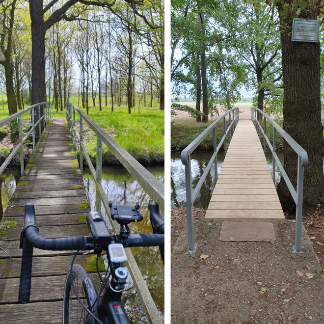 Im Bild links die Brücke, wie sie noch im Frühjahr dieses Jahres aussah, rechts unmittelbar der Sanierung. Fotos: K. Kroemke, S.Grüdl